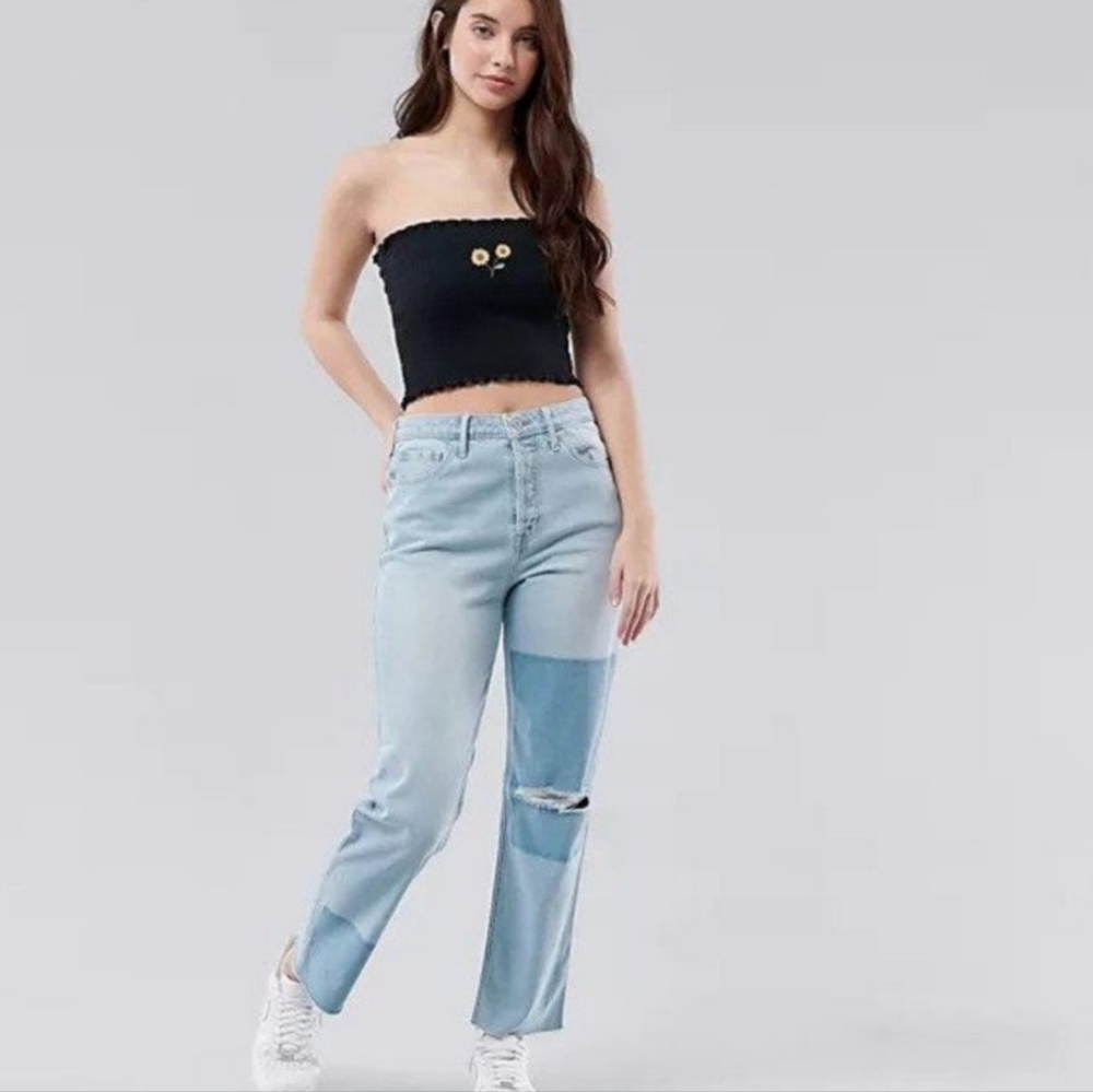 Hollister Patchwork Distressed Raw Edge Light Wash Jean
